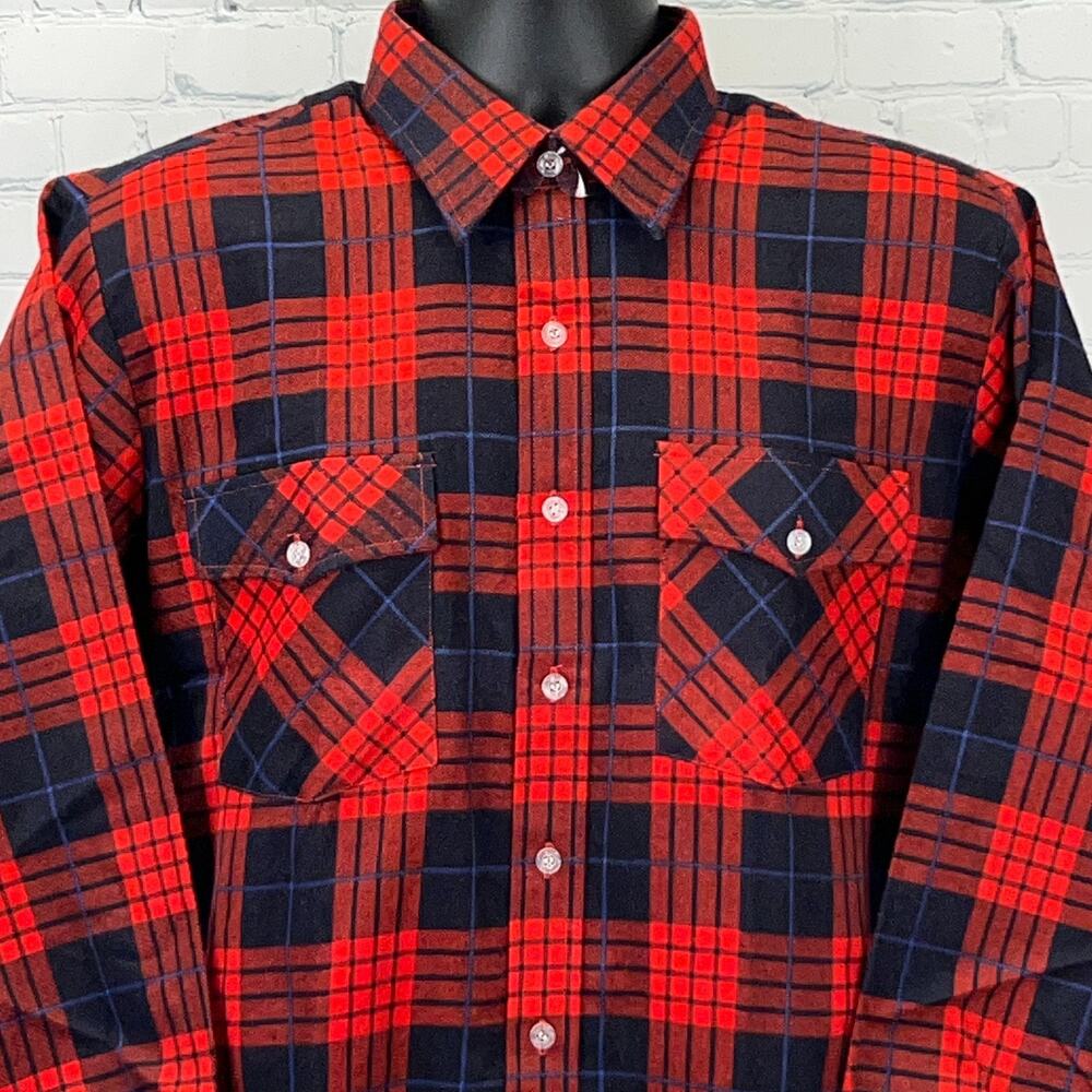 Vintage 90s Woodland Flannel Button Front Shirt L Large Red Plaid Long Sleeve